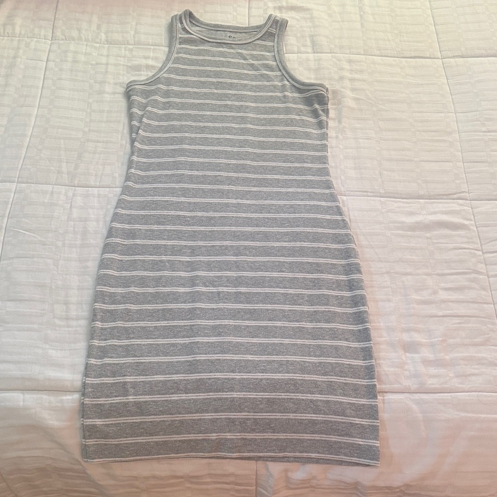SO Sleeveless Striped Knit Mini Dress - Gray and White